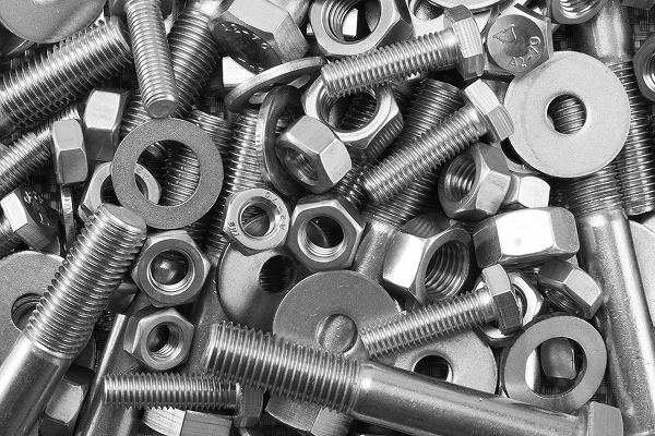 A mixture of stainless steel nuts bolts and washers